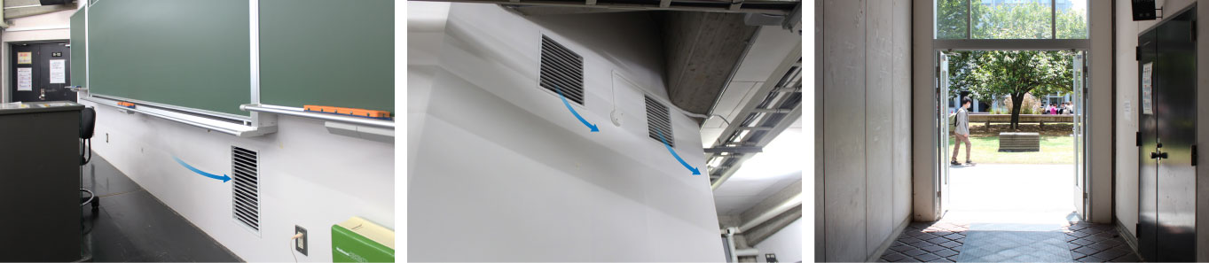 大教室にダクトで給気し（下）ガラリ（左）から廊下に排気（中央）。共用部の温熱環境改善も図る